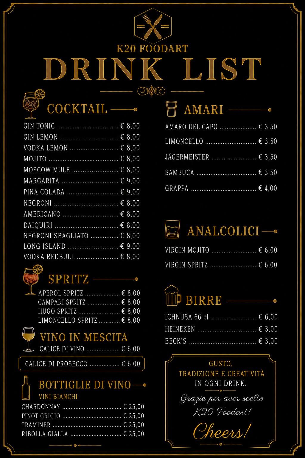 Drink list del cocktail bar K20 Food Art
