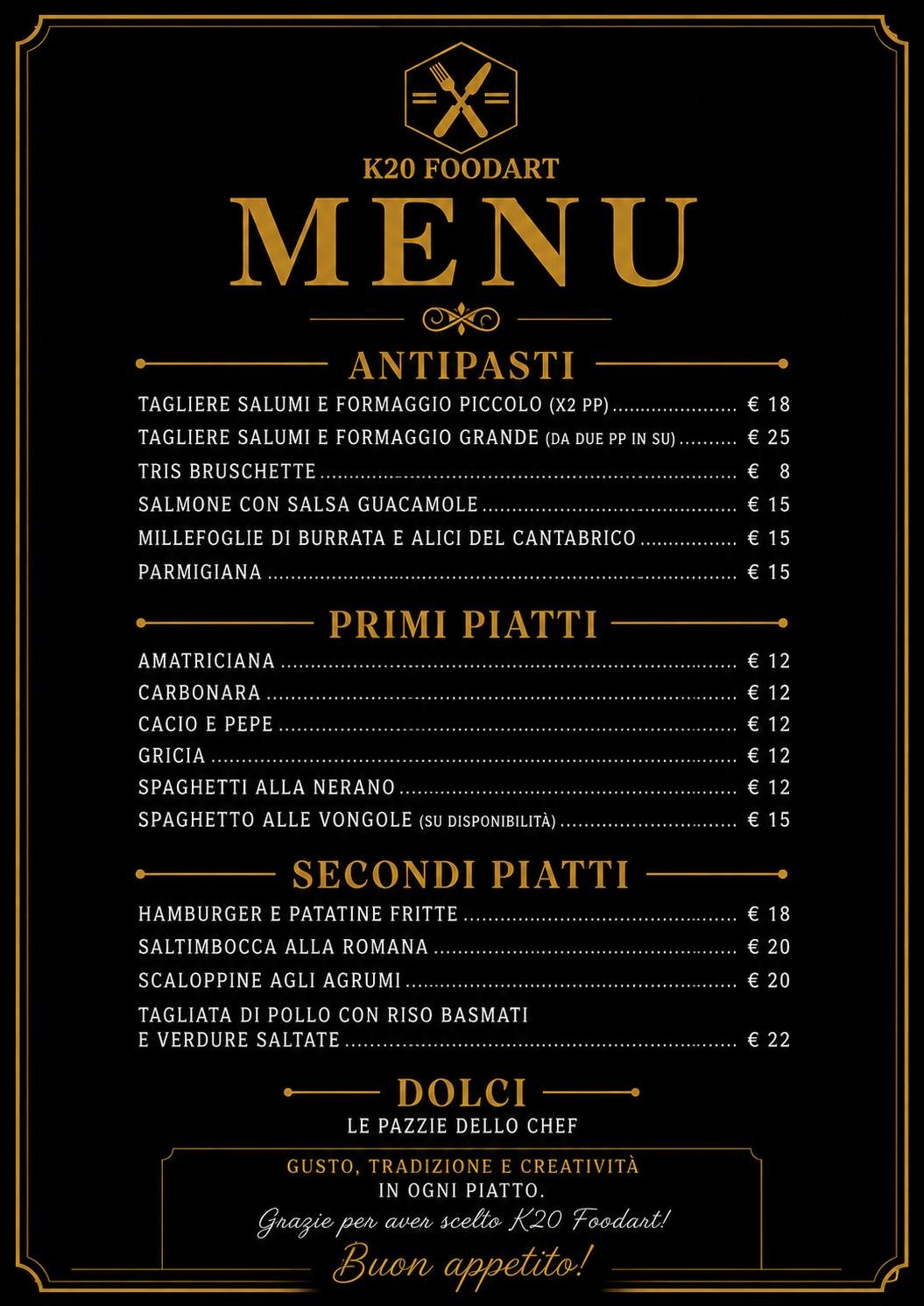 Menu cucina del K20 Food Art