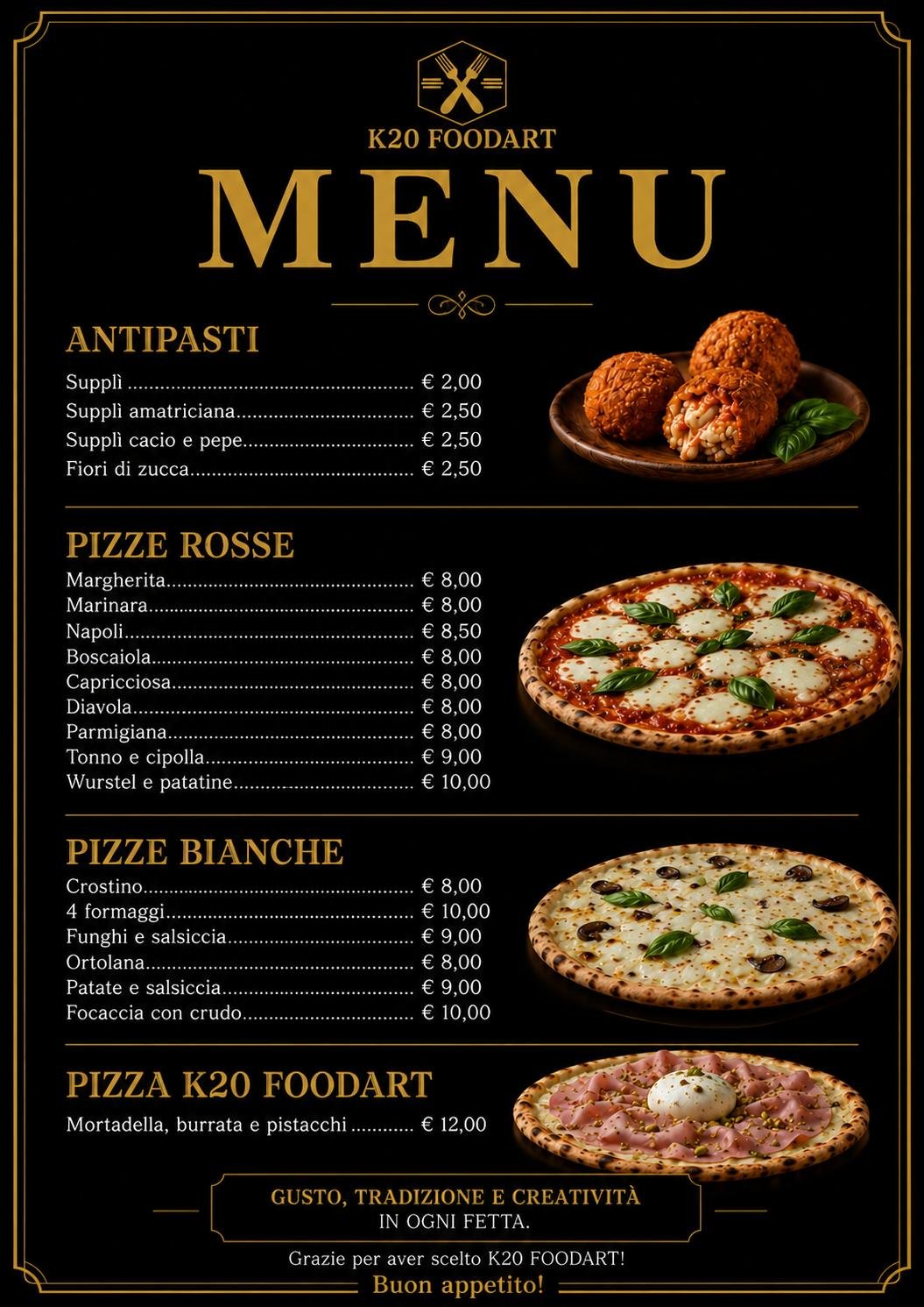 Menu pizzeria del K20 Food Art